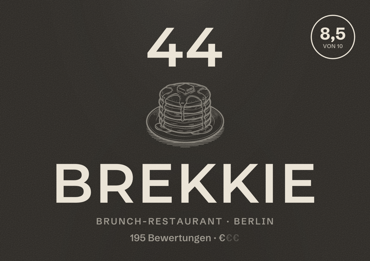 Illustriertes Poster von 44 Brekkie, Brunch-Restaurant in Berlin: Bewertung 8,5 von 10 aus 195 Bewertungen, Preisniveau €