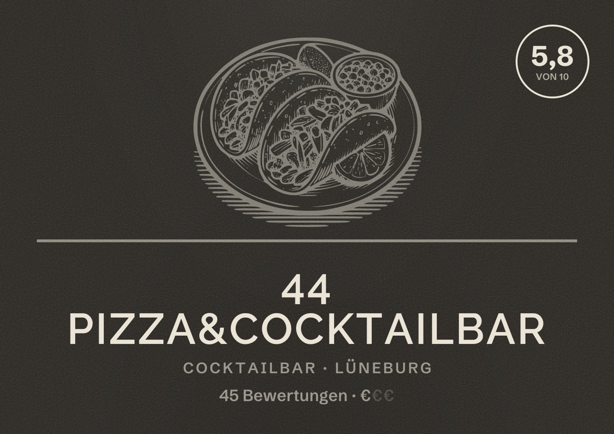 Illustriertes Poster von 44 pizza&Cocktailbar, Cocktailbar in Lüneburg: Bewertung 5,8 von 10 aus 45 Bewertungen, Preisniveau €