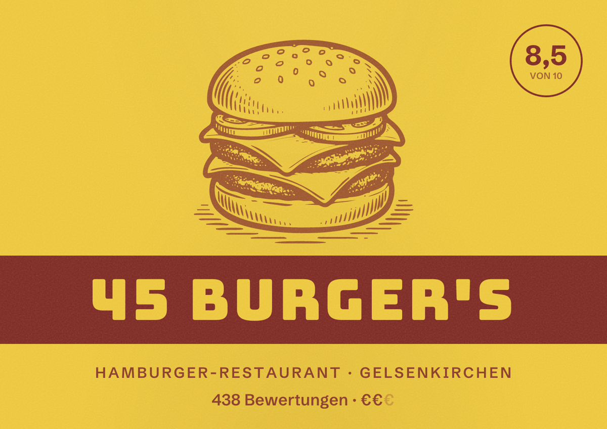 Illustriertes Poster von 45 Burger's, Hamburger-Restaurant in Gelsenkirchen: Bewertung 8,5 von 10 aus 438 Bewertungen, Preisniveau €€