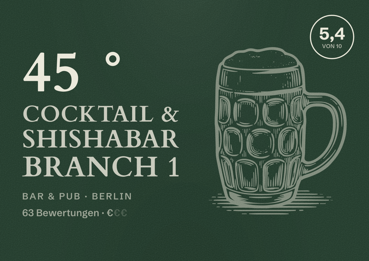 Illustriertes Poster von 45 ° cocktail & Shishabar Branch 1, Bar & Pub in Berlin: Bewertung 5,4 von 10 aus 63 Bewertungen, Preisniveau €