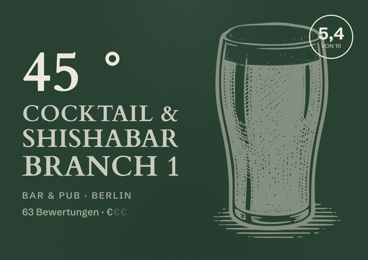 Illustriertes Poster von 45 ° cocktail & Shishabar Branch 1, Bar & Pub in Berlin: Bewertung 5,4 von 10 aus 63 Bewertungen, Preisniveau €