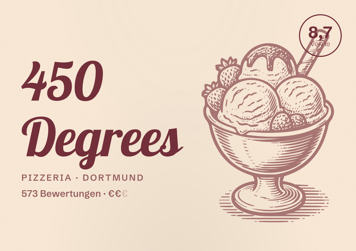 Illustriertes Poster von 450 Degrees, Pizzeria in Dortmund: Bewertung 8,7 von 10 aus 573 Bewertungen, Preisniveau €€