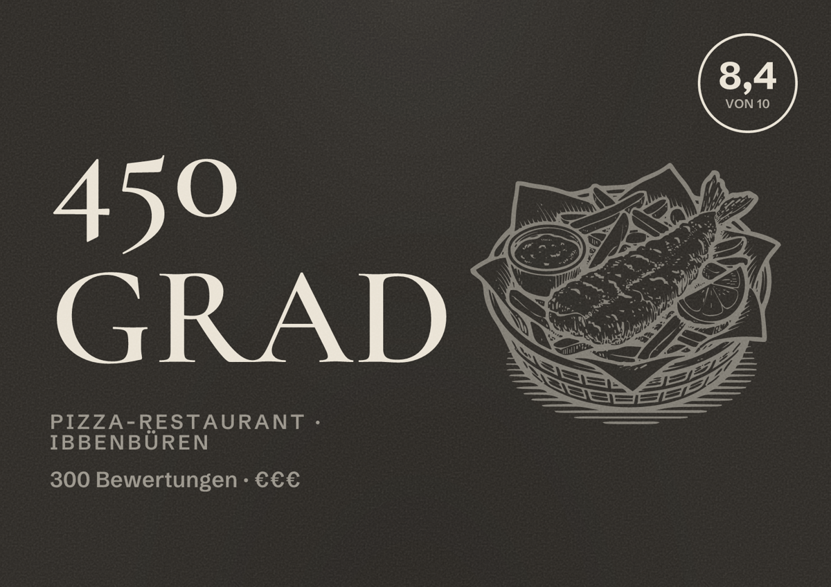 Illustriertes Poster von 450 Grad, Pizza-Restaurant in Ibbenbüren: Bewertung 8,4 von 10 aus 300 Bewertungen, Preisniveau €€€