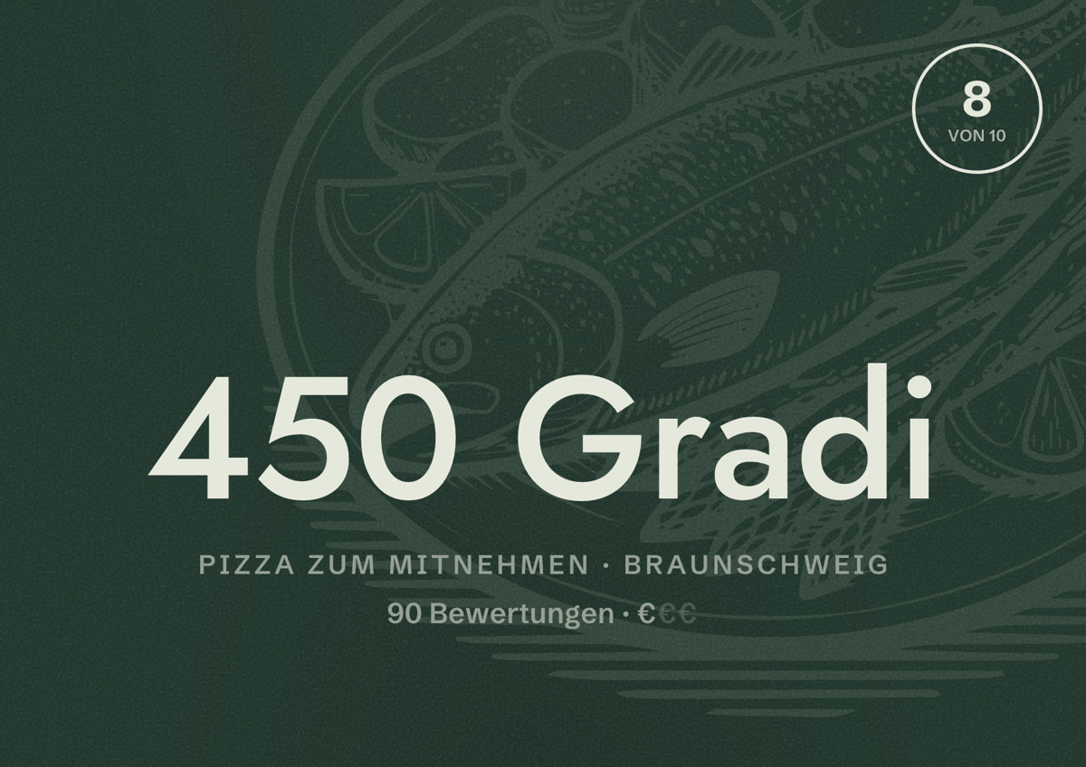 Illustriertes Poster von 450 Gradi, Pizza zum Mitnehmen in Braunschweig: Bewertung 8 von 10 aus 90 Bewertungen, Preisniveau €
