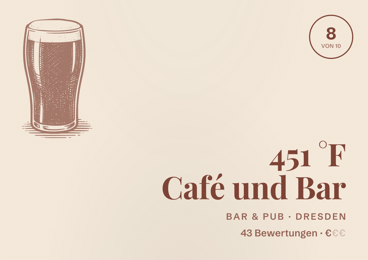 Illustriertes Poster von 451 °F Café und Bar, Bar & Pub in Dresden: Bewertung 8 von 10 aus 43 Bewertungen, Preisniveau €
