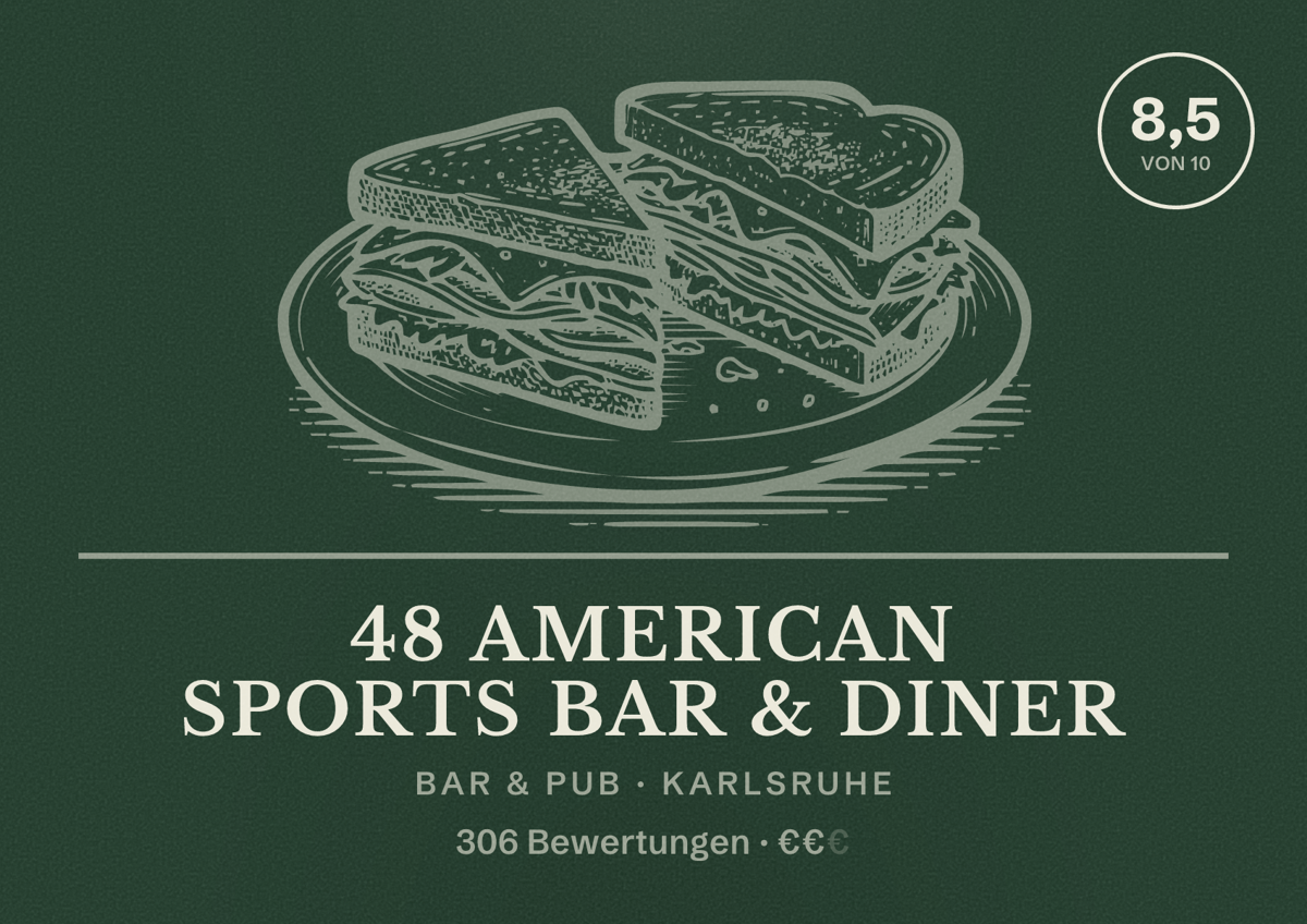 Illustriertes Poster von 48 American Sports Bar & Diner, Bar & Pub in Karlsruhe: Bewertung 8,5 von 10 aus 306 Bewertungen, Preisniveau €€