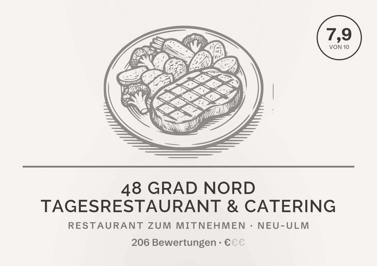 Illustriertes Poster von 48 Grad Nord Tagesrestaurant & Catering, Restaurant zum Mitnehmen in Neu-Ulm: Bewertung 7,9 von 10 aus 206 Bewertungen, Preisniveau €