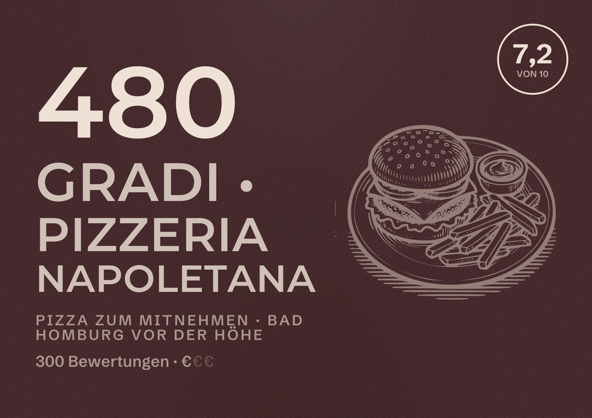 Illustriertes Poster von 480 GRADI • Pizzeria Napoletana, Pizza zum Mitnehmen in Bad Homburg vor der Höhe: Bewertung 7,2 von 10 aus 300 Bewertungen, Preisniveau €
