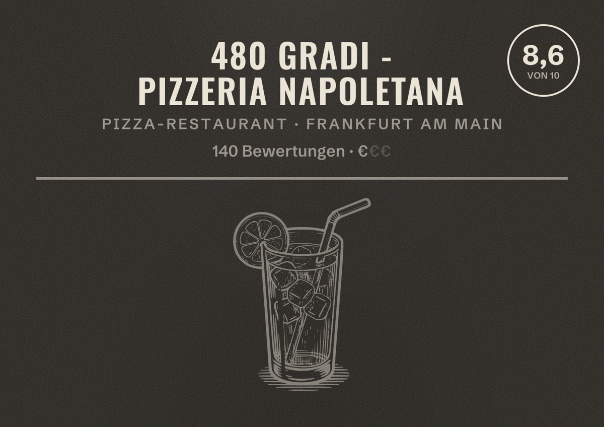 Illustriertes Poster von 480 GRADI - Pizzeria Napoletana, Pizza-Restaurant in Frankfurt am Main: Bewertung 8,6 von 10 aus 140 Bewertungen, Preisniveau €