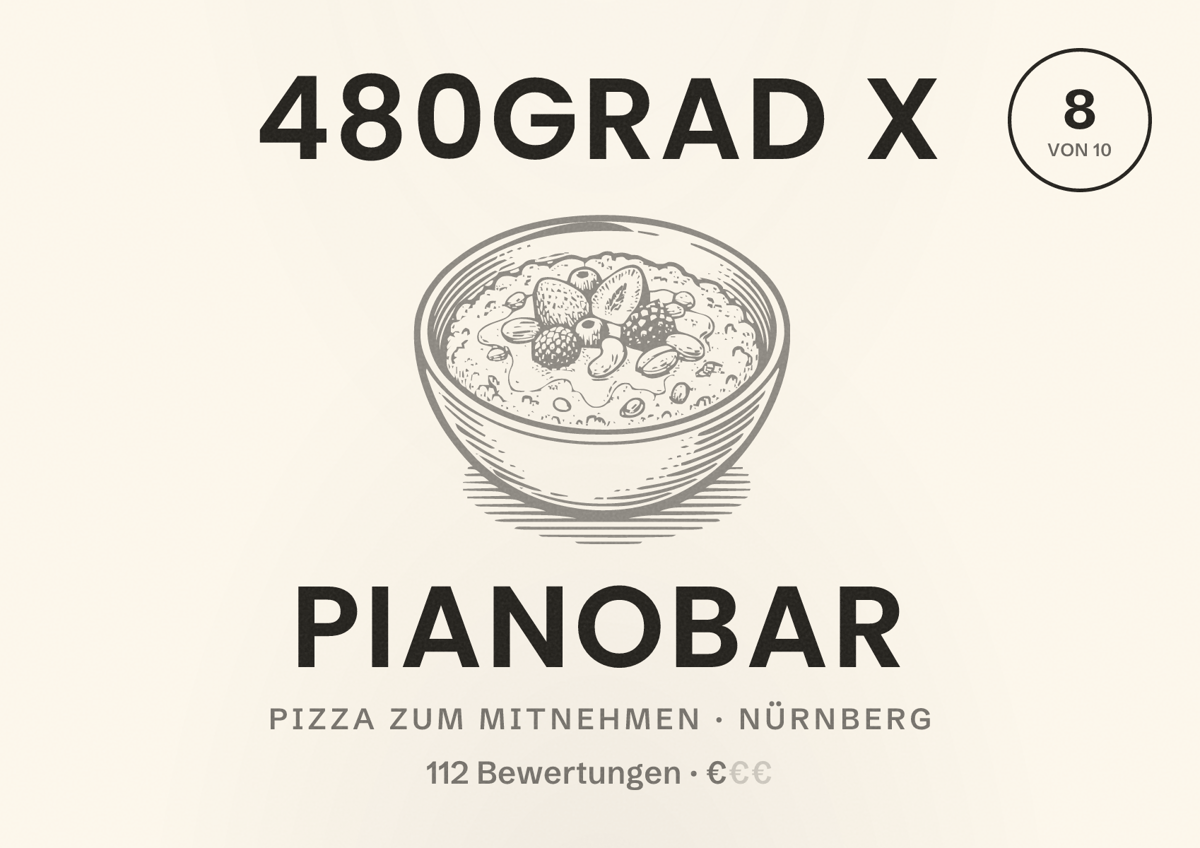 Illustriertes Poster von 480GRAD X PIANOBAR, Pizza zum Mitnehmen in Nürnberg: Bewertung 8 von 10 aus 112 Bewertungen, Preisniveau €