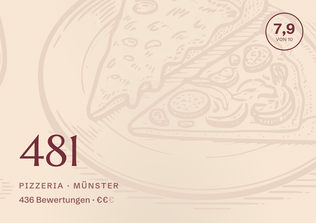 Illustriertes Poster von 481, Pizzeria in Münster: Bewertung 7,9 von 10 aus 436 Bewertungen, Preisniveau €€