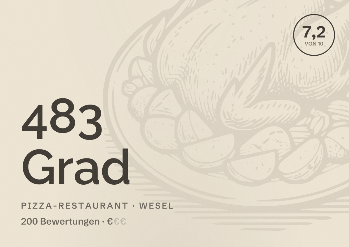 Illustriertes Poster von 483 Grad, Pizza-Restaurant in Wesel: Bewertung 7,2 von 10 aus 200 Bewertungen, Preisniveau €