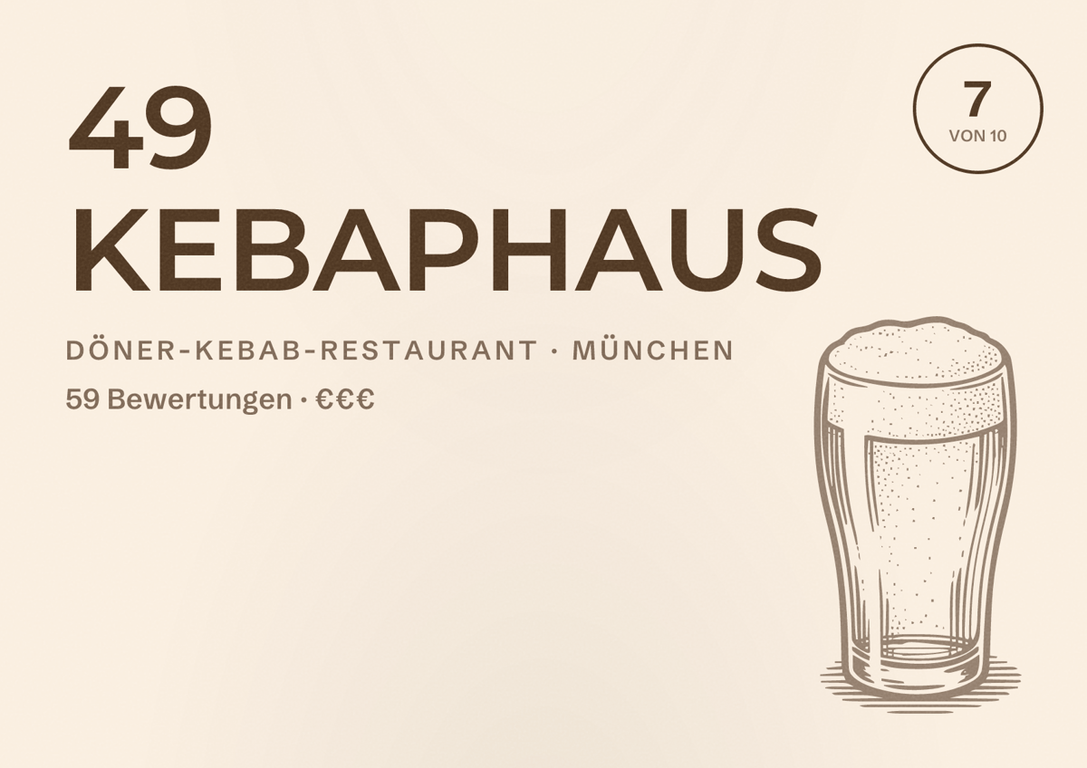 Illustriertes Poster von 49 KEBAPHAUS, Döner-Kebab-Restaurant in München: Bewertung 7,0 von 10 aus 59 Bewertungen, Preisniveau €€€