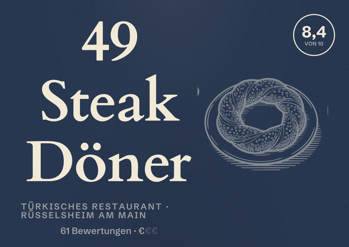 Illustriertes Poster von 49 Steak Döner, Türkisches Restaurant in Rüsselsheim am Main: Bewertung 8,4 von 10 aus 61 Bewertungen, Preisniveau €