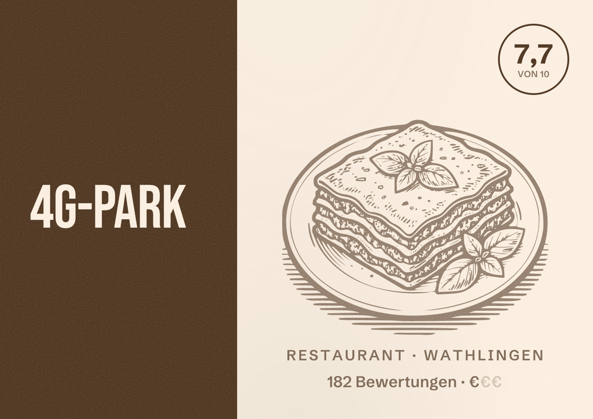 Illustriertes Poster von 4g-Park, Restaurant in Wathlingen: Bewertung 7,7 von 10 aus 182 Bewertungen, Preisniveau €