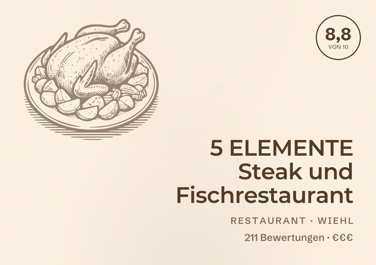 Illustriertes Poster von 5 ELEMENTE Steak und Fischrestaurant, Restaurant in Wiehl: Bewertung 8,8 von 10 aus 211 Bewertungen, Preisniveau €€€