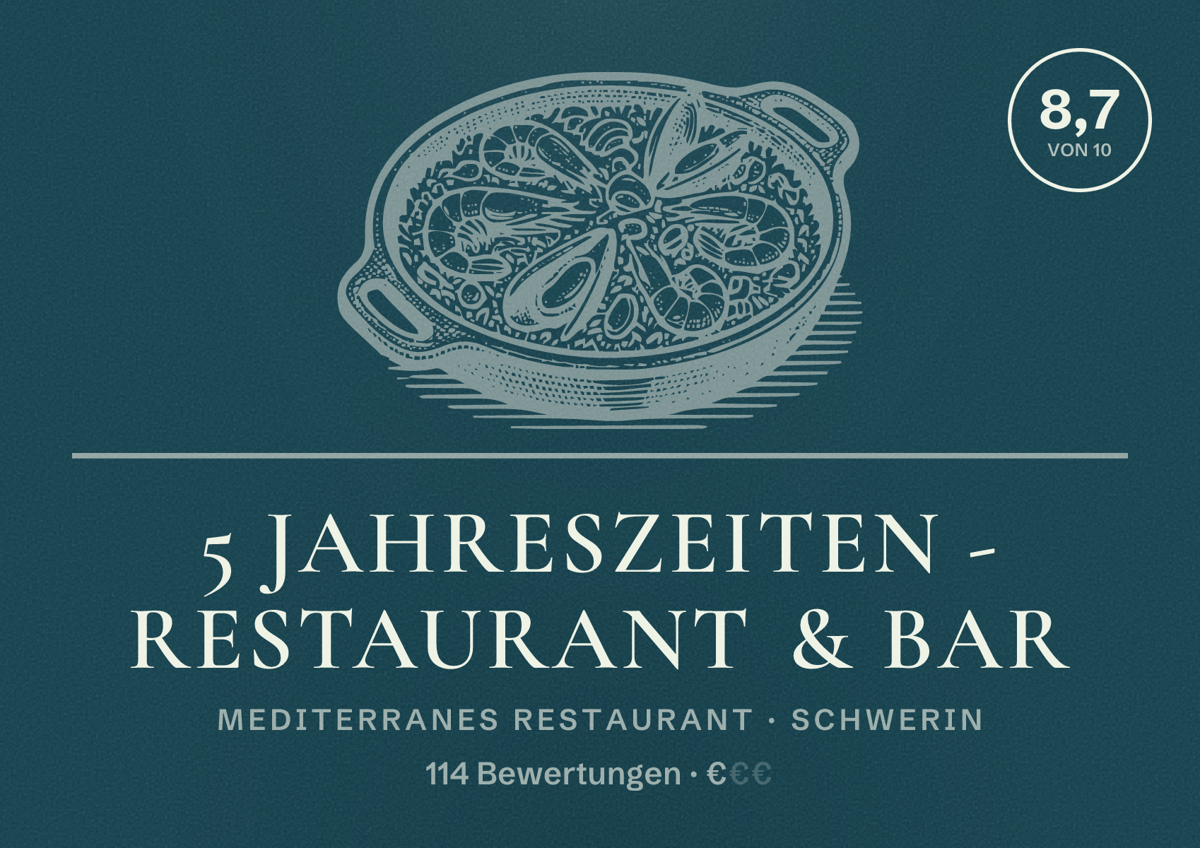 Illustriertes Poster von 5 Jahreszeiten - Restaurant & Bar, Mediterranes Restaurant in Schwerin: Bewertung 8,7 von 10 aus 114 Bewertungen, Preisniveau €