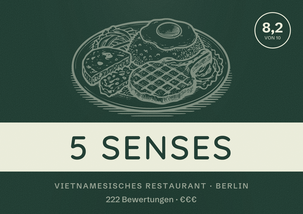 Illustriertes Poster von 5 Senses, Vietnamesisches Restaurant in Berlin: Bewertung 8,2 von 10 aus 222 Bewertungen, Preisniveau €€€