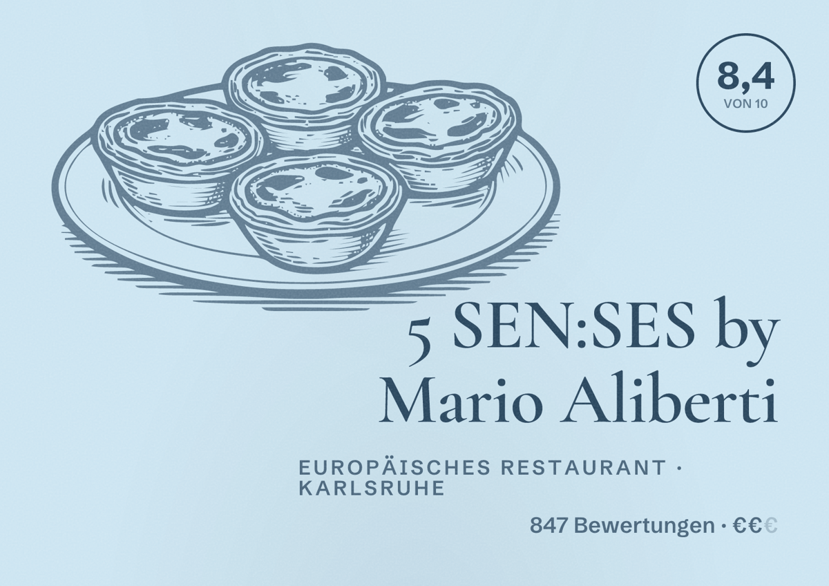 Illustriertes Poster von 5 SEN:SES by Mario Aliberti, Europäisches Restaurant in Karlsruhe: Bewertung 8,4 von 10 aus 847 Bewertungen, Preisniveau €€