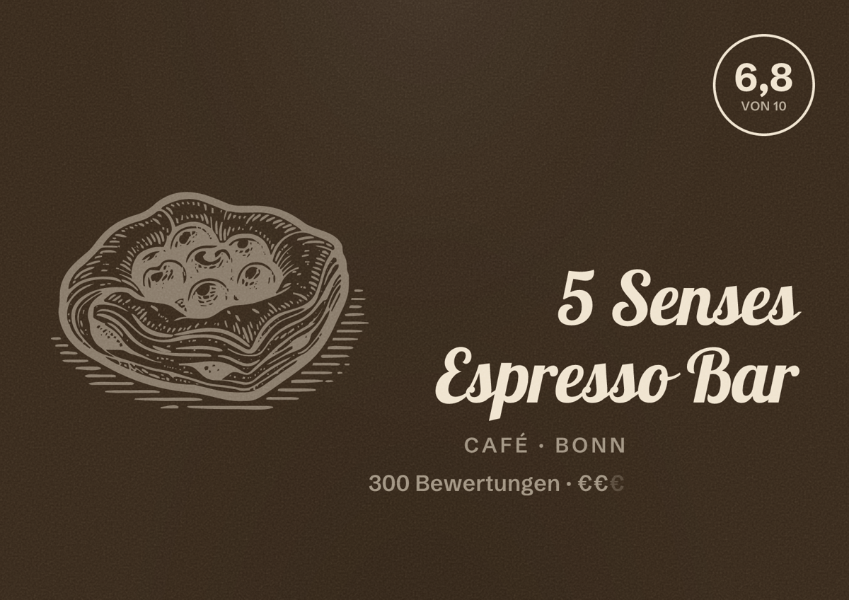 Illustriertes Poster von 5 Senses Espresso Bar, Café in Bonn: Bewertung 6,8 von 10 aus 300 Bewertungen, Preisniveau €€