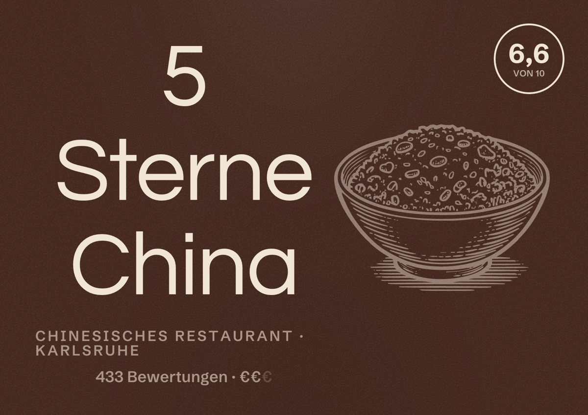 Illustriertes Poster von 5 Sterne China, Chinesisches Restaurant in Karlsruhe: Bewertung 6,6 von 10 aus 433 Bewertungen, Preisniveau €€