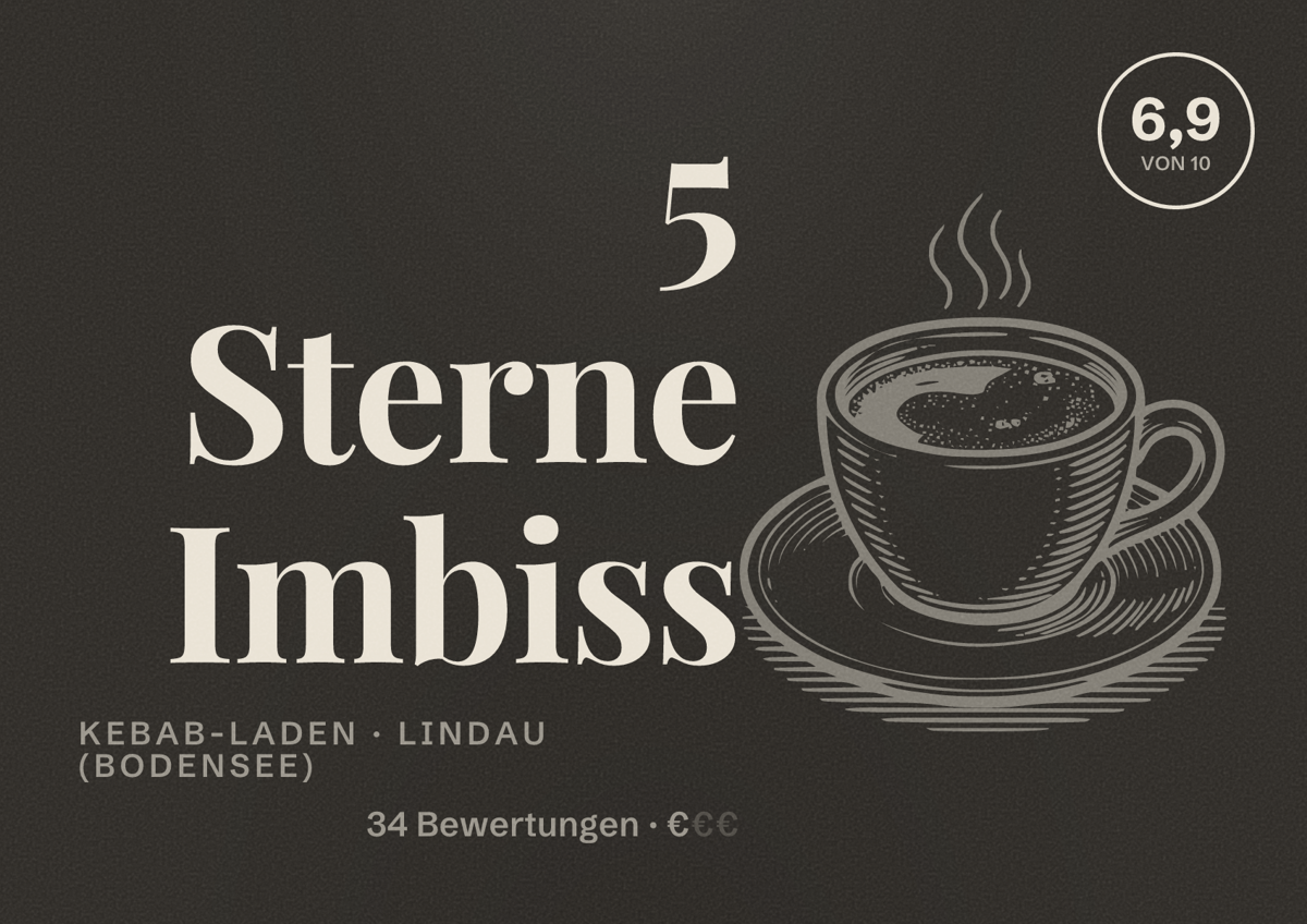 Illustriertes Poster von 5 Sterne Imbiss, Kebab-Laden in Lindau (Bodensee): Bewertung 6,9 von 10 aus 34 Bewertungen, Preisniveau €