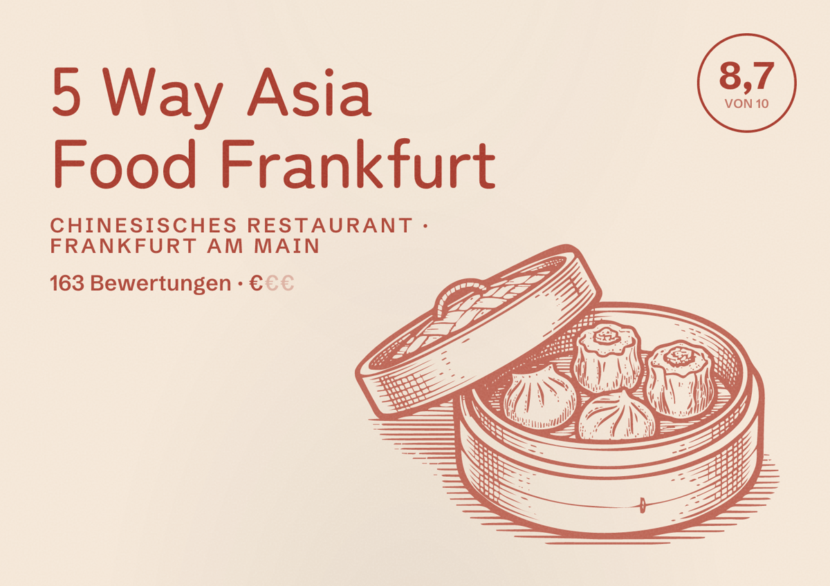 Illustriertes Poster von 5 Way Asia Food Frankfurt, Chinesisches Restaurant in Frankfurt am Main: Bewertung 8,7 von 10 aus 163 Bewertungen, Preisniveau €