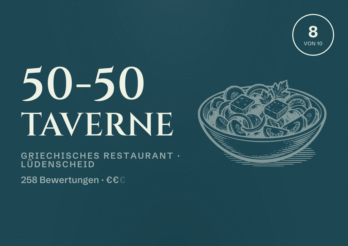 Illustriertes Poster von 50-50 Taverne, Griechisches Restaurant in Lüdenscheid: Bewertung 8 von 10 aus 258 Bewertungen, Preisniveau €€