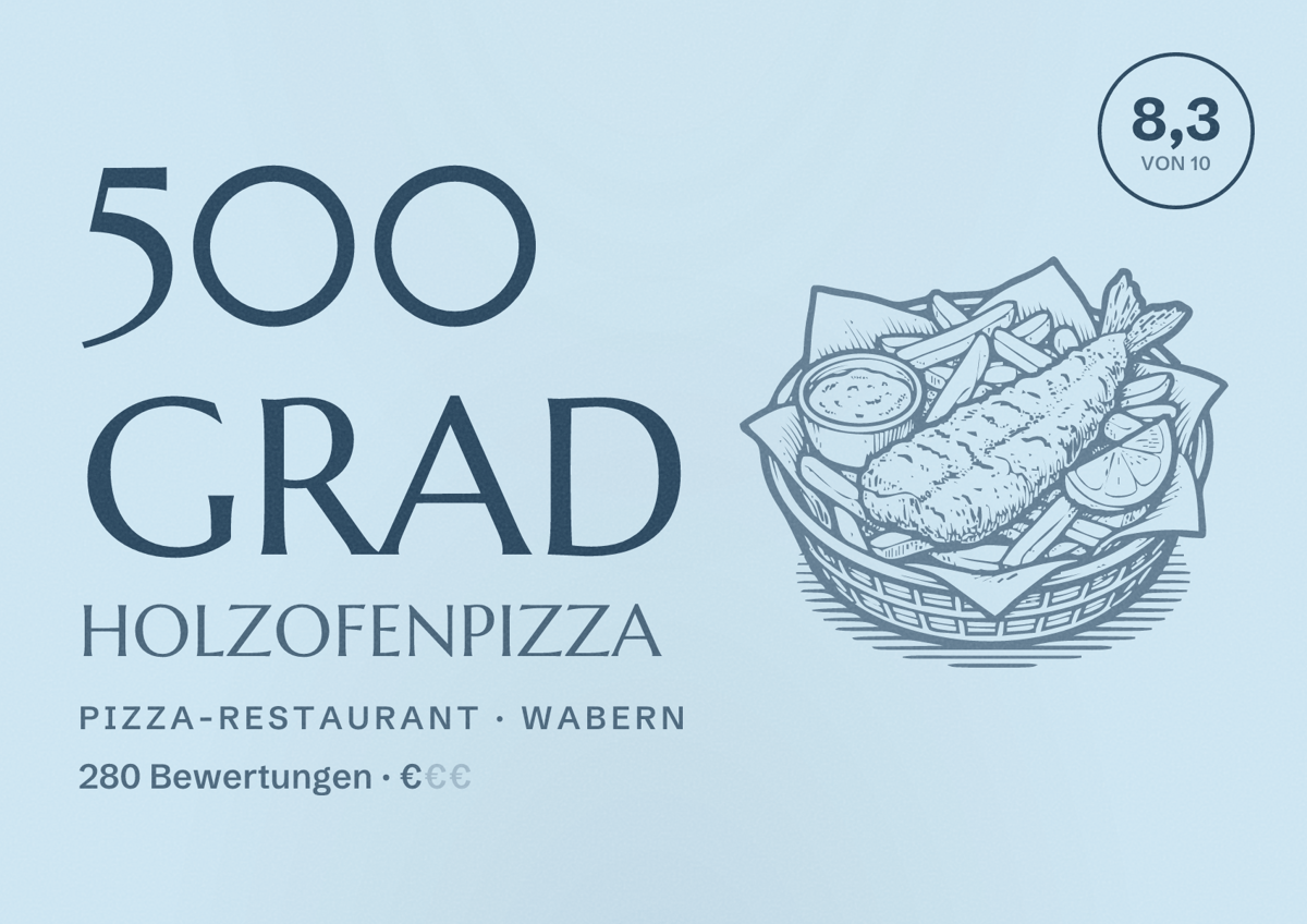 Illustriertes Poster von 500 Grad Holzofenpizza, Pizza-Restaurant in Wabern: Bewertung 8,3 von 10 aus 280 Bewertungen, Preisniveau €