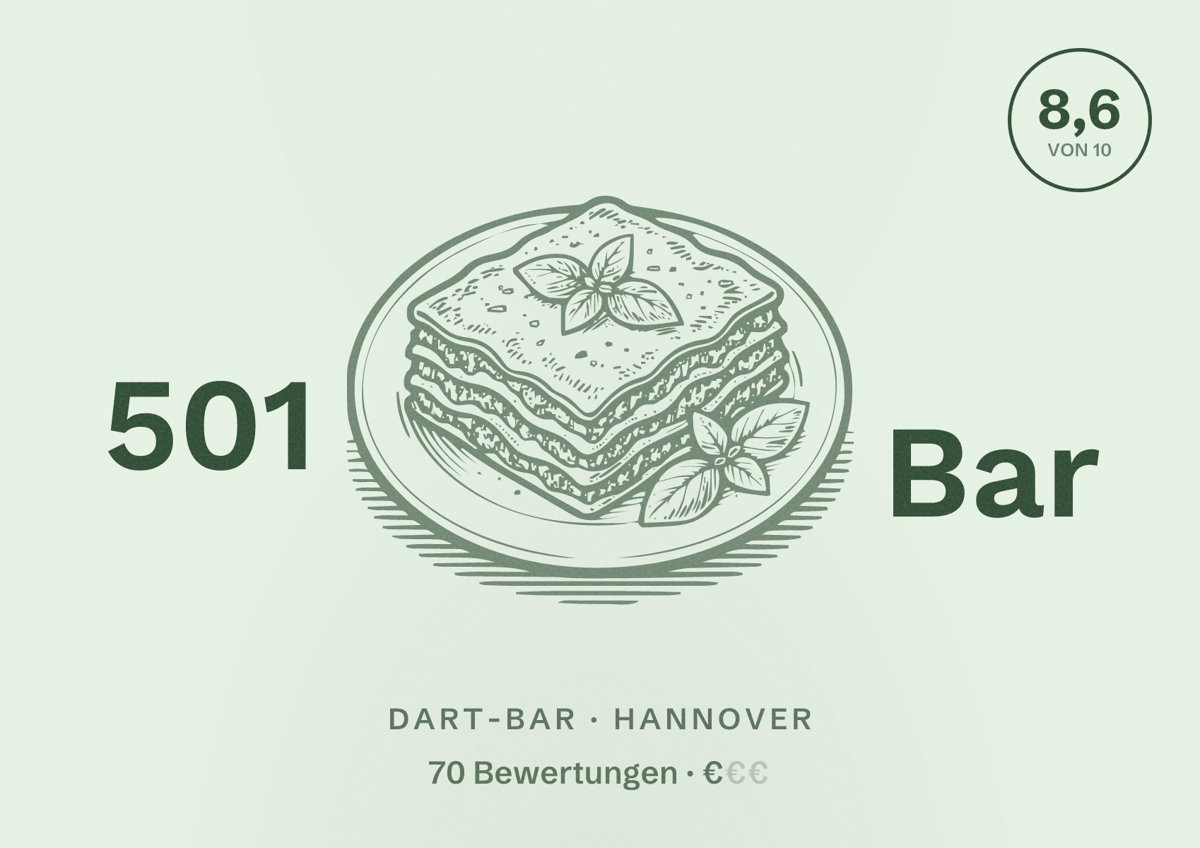 Illustriertes Poster von 501 Bar, Dart-Bar in Hannover: Bewertung 8,6 von 10 aus 70 Bewertungen, Preisniveau €
