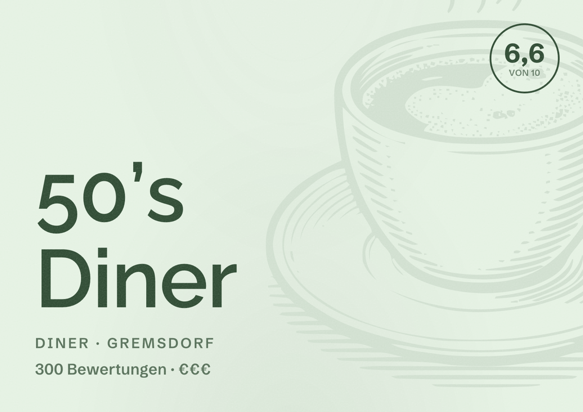 Illustriertes Poster von 50’s Diner, Diner in Gremsdorf: Bewertung 6,6 von 10 aus 300 Bewertungen, Preisniveau €€€