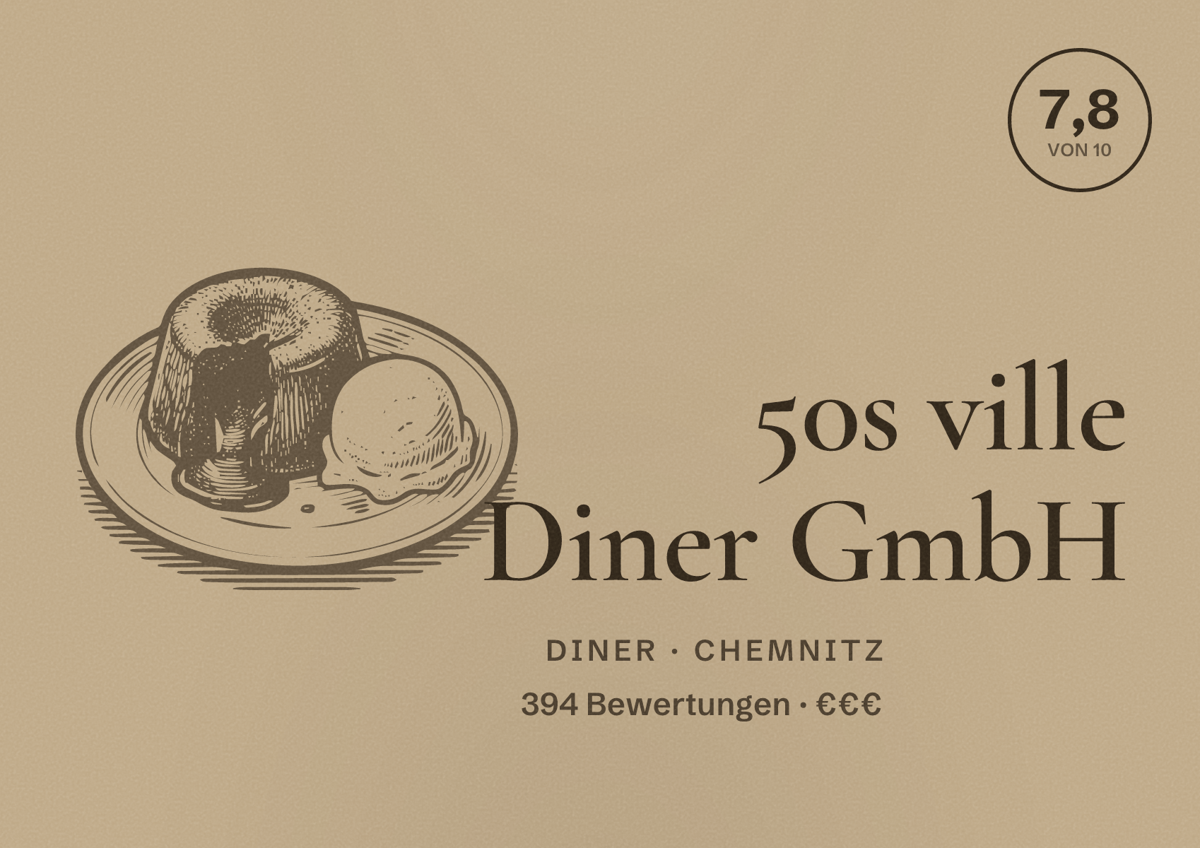 Illustriertes Poster von 50s ville Diner GmbH, Diner in Chemnitz: Bewertung 7,8 von 10 aus 394 Bewertungen, Preisniveau €€€