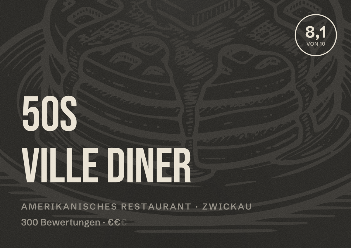 Illustriertes Poster von 50s ville Diner, Amerikanisches Restaurant in Zwickau: Bewertung 8,1 von 10 aus 300 Bewertungen, Preisniveau €€