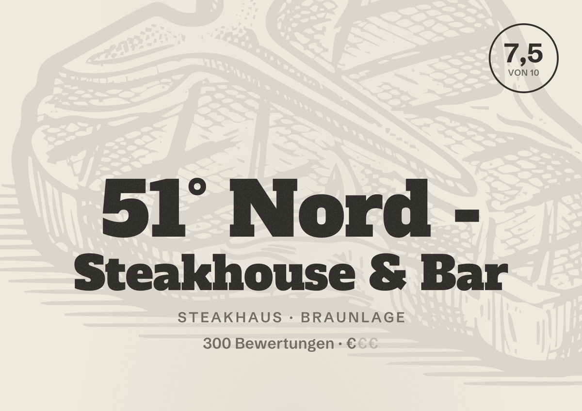 Illustriertes Poster von 51° Nord - Steakhouse & Bar, Steakhaus in Braunlage: Bewertung 7,5 von 10 aus 300 Bewertungen, Preisniveau €