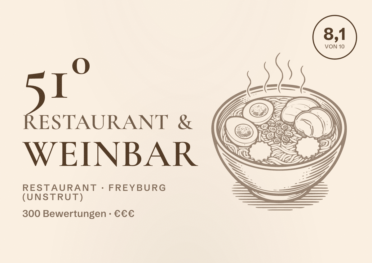 Illustriertes Poster von 51° Restaurant & Weinbar, Restaurant in Freyburg (Unstrut): Bewertung 8,1 von 10 aus 300 Bewertungen, Preisniveau €€€