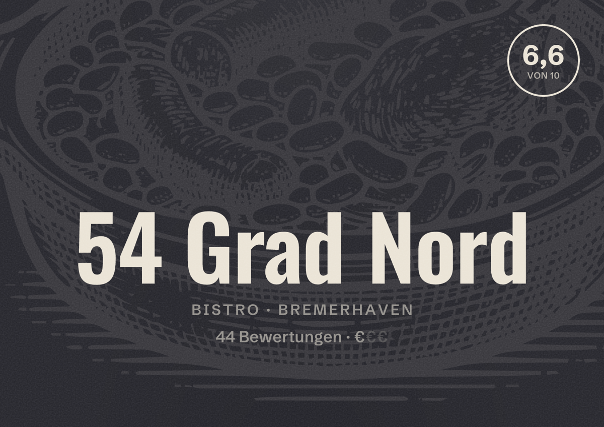 Illustriertes Poster von 54 Grad Nord, Bistro in Bremerhaven: Bewertung 6,6 von 10 aus 44 Bewertungen, Preisniveau €