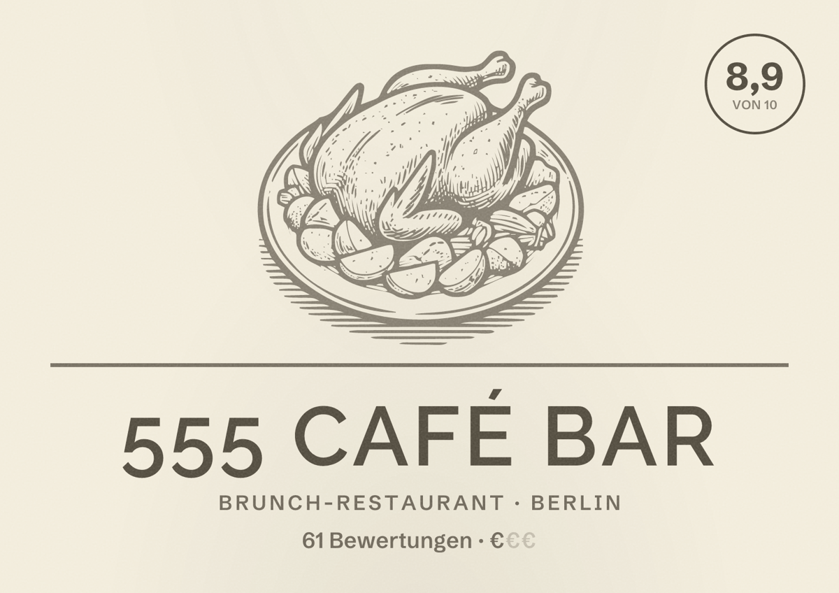 Illustriertes Poster von 555 café bar, Brunch-Restaurant in Berlin: Bewertung 8,9 von 10 aus 61 Bewertungen, Preisniveau €
