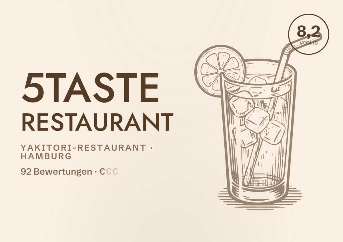 Illustriertes Poster von 5Taste Restaurant, Yakitori-Restaurant in Hamburg: Bewertung 8,2 von 10 aus 92 Bewertungen, Preisniveau €