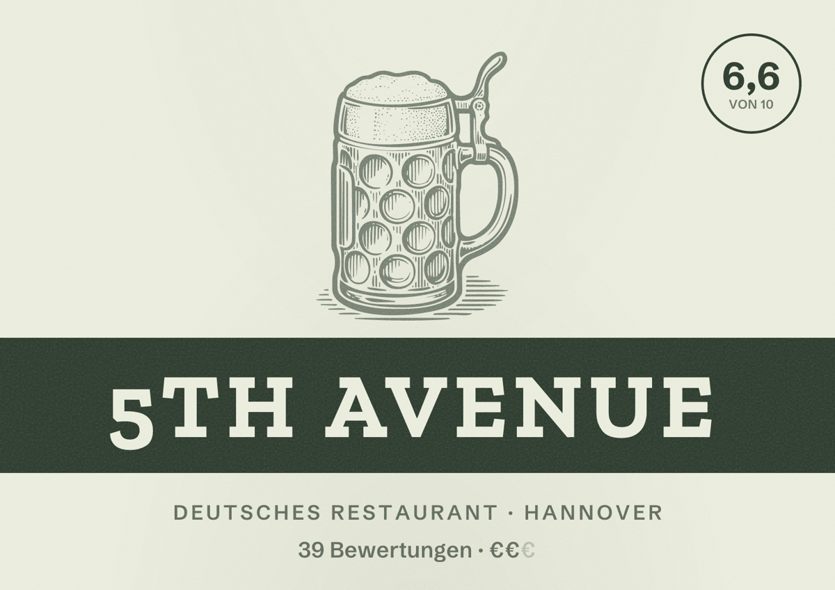Illustriertes Poster von 5th Avenue, Deutsches Restaurant in Hannover: Bewertung 6,6 von 10 aus 39 Bewertungen, Preisniveau €€