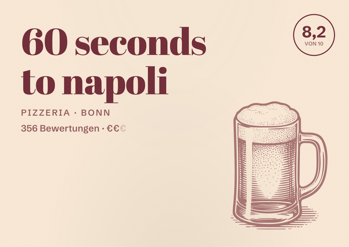Illustriertes Poster von 60 seconds to napoli, Pizzeria in Bonn: Bewertung 8,2 von 10 aus 356 Bewertungen, Preisniveau €€