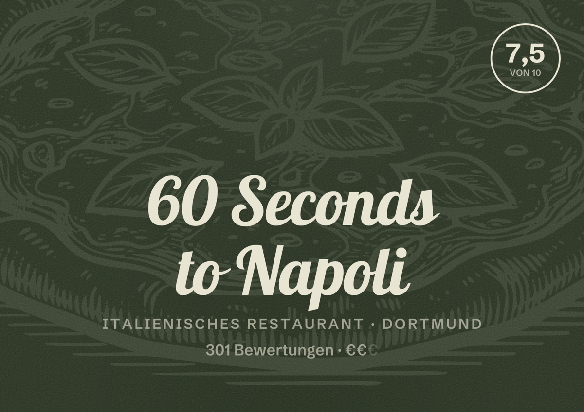 Illustriertes Poster von 60 Seconds to Napoli, Italienisches Restaurant in Dortmund: Bewertung 7,5 von 10 aus 301 Bewertungen, Preisniveau €€