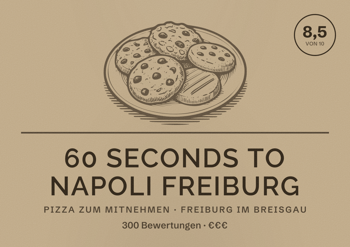Illustriertes Poster von 60 seconds to napoli Freiburg, Pizza zum Mitnehmen in Freiburg im Breisgau: Bewertung 8,5 von 10 aus 300 Bewertungen, Preisniveau €€€
