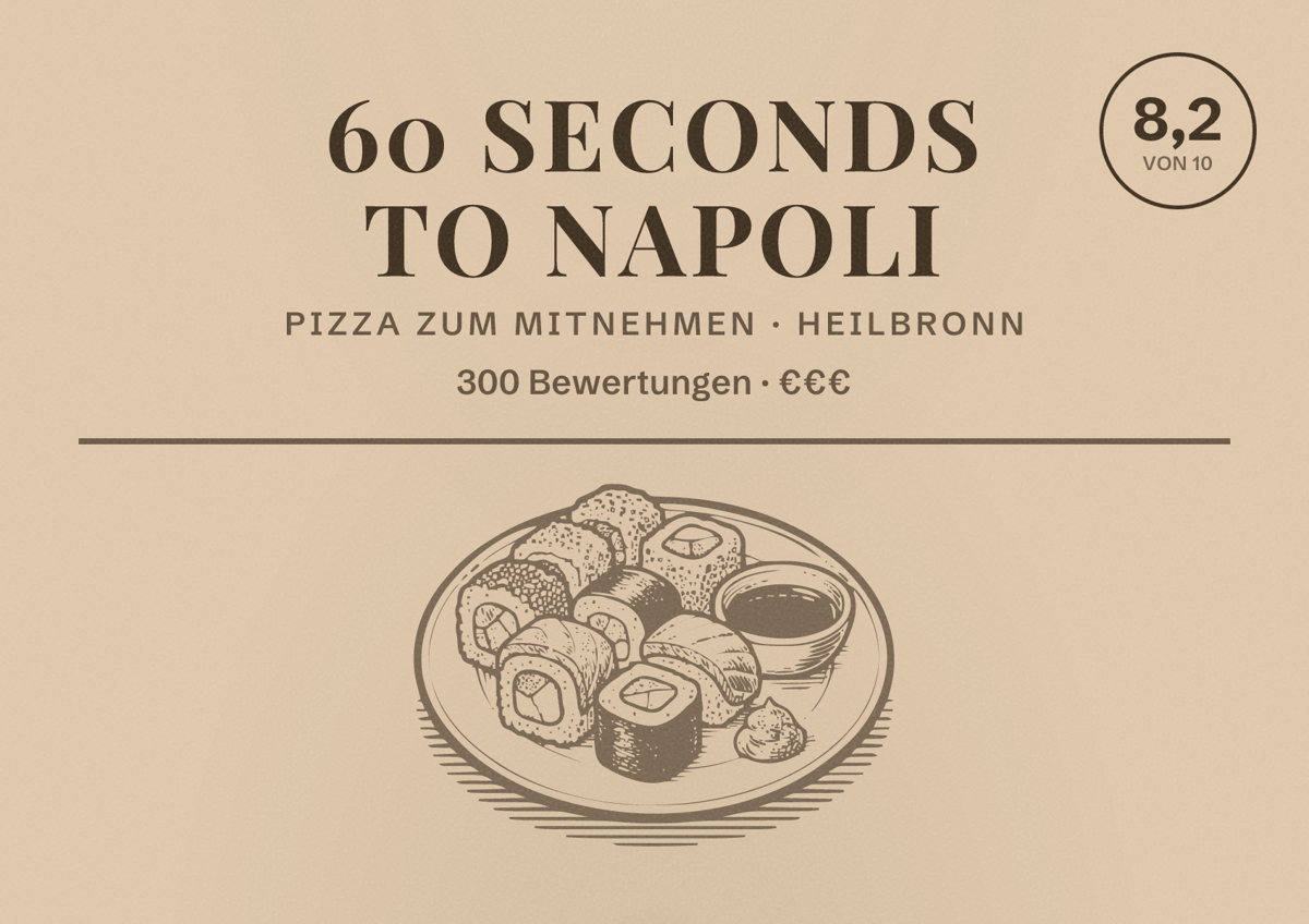 Illustriertes Poster von 60 seconds to napoli, Pizza zum Mitnehmen in Heilbronn: Bewertung 8,2 von 10 aus 300 Bewertungen, Preisniveau €€€