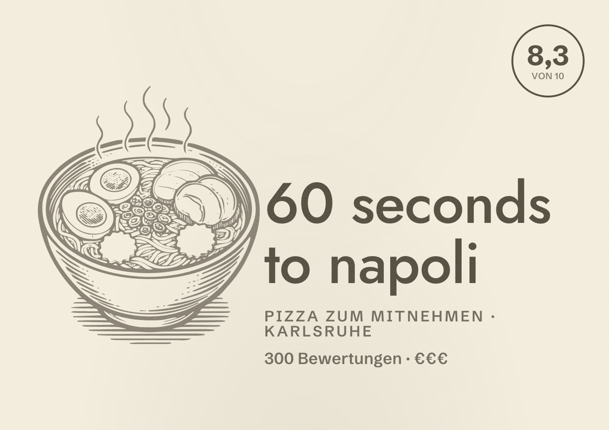 Illustriertes Poster von 60 seconds to napoli, Pizza zum Mitnehmen in Karlsruhe: Bewertung 8,3 von 10 aus 300 Bewertungen, Preisniveau €€€