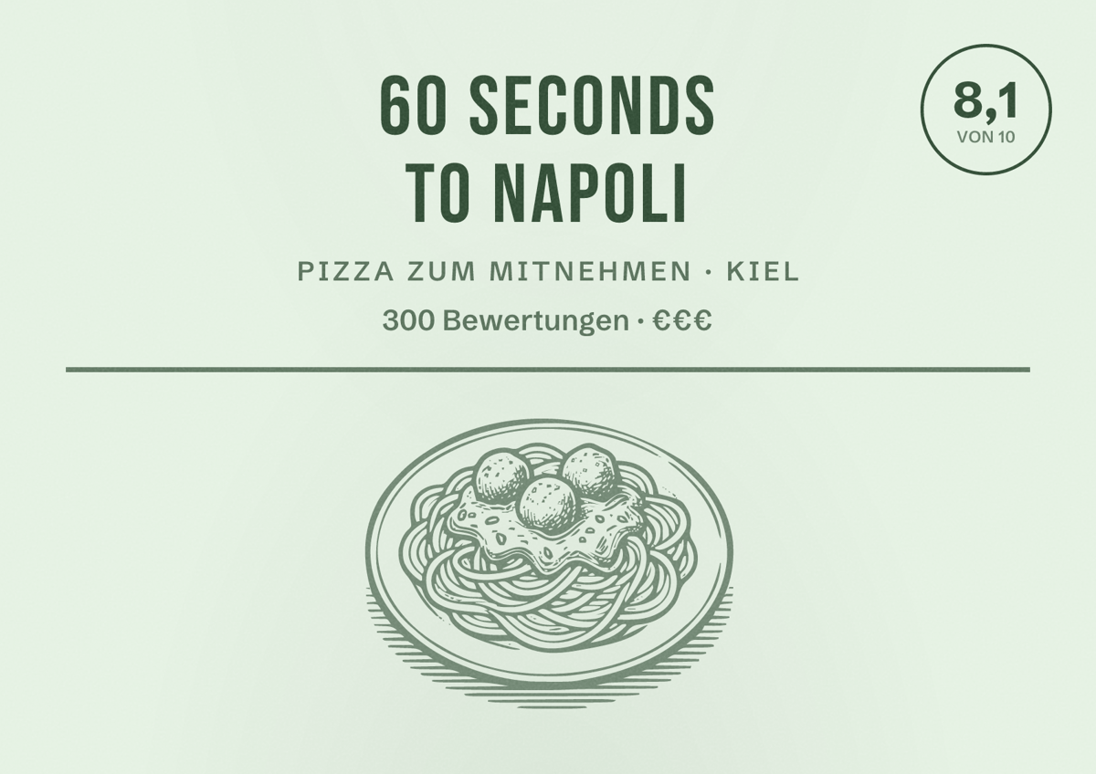Illustriertes Poster von 60 seconds to napoli, Pizza zum Mitnehmen in Kiel: Bewertung 8,1 von 10 aus 300 Bewertungen, Preisniveau €€€