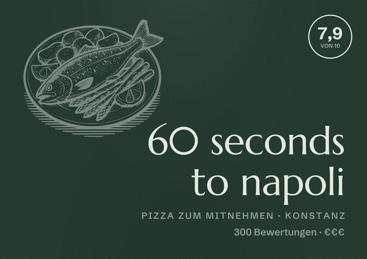 Illustriertes Poster von 60 seconds to napoli, Pizza zum Mitnehmen in Konstanz: Bewertung 7,9 von 10 aus 300 Bewertungen, Preisniveau €€€