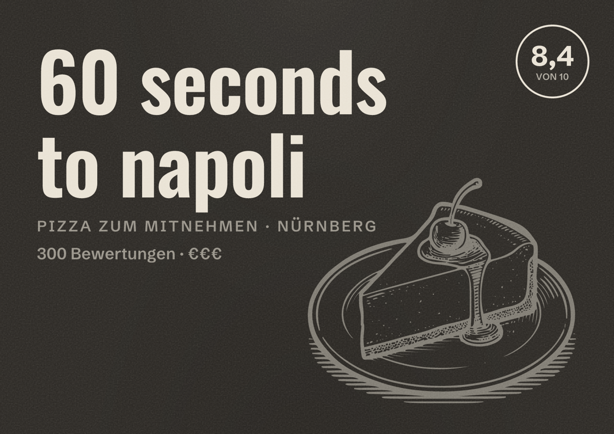 Illustriertes Poster von 60 seconds to napoli, Pizza zum Mitnehmen in Nürnberg: Bewertung 8,4 von 10 aus 300 Bewertungen, Preisniveau €€€