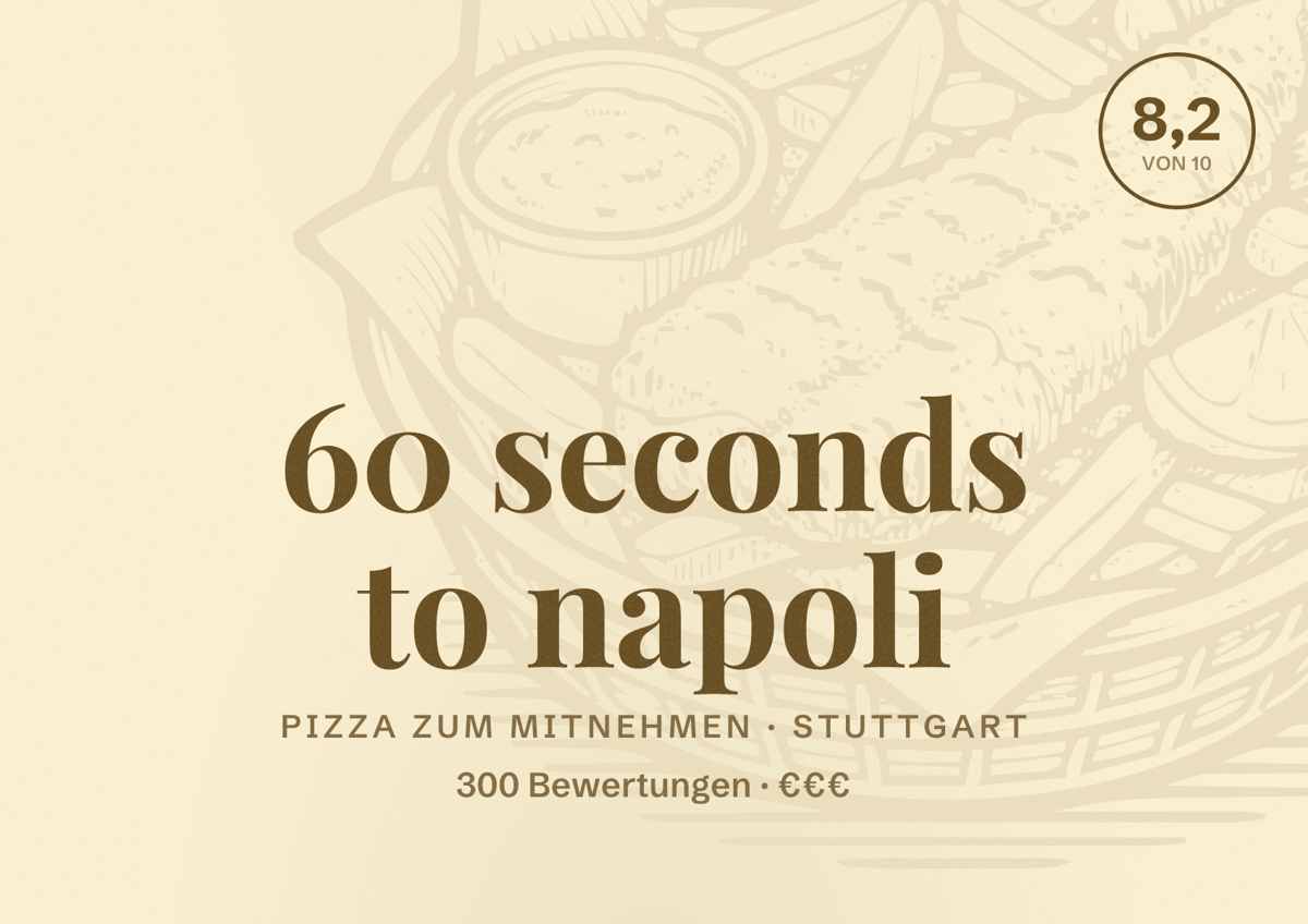 Illustriertes Poster von 60 seconds to napoli, Pizza zum Mitnehmen in Stuttgart: Bewertung 8,2 von 10 aus 300 Bewertungen, Preisniveau €€€