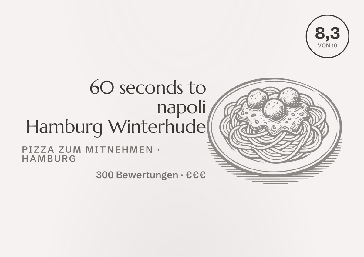 Illustriertes Poster von 60 seconds to napoli Hamburg Winterhude, Pizza zum Mitnehmen in Hamburg: Bewertung 8,3 von 10 aus 300 Bewertungen, Preisniveau €€€
