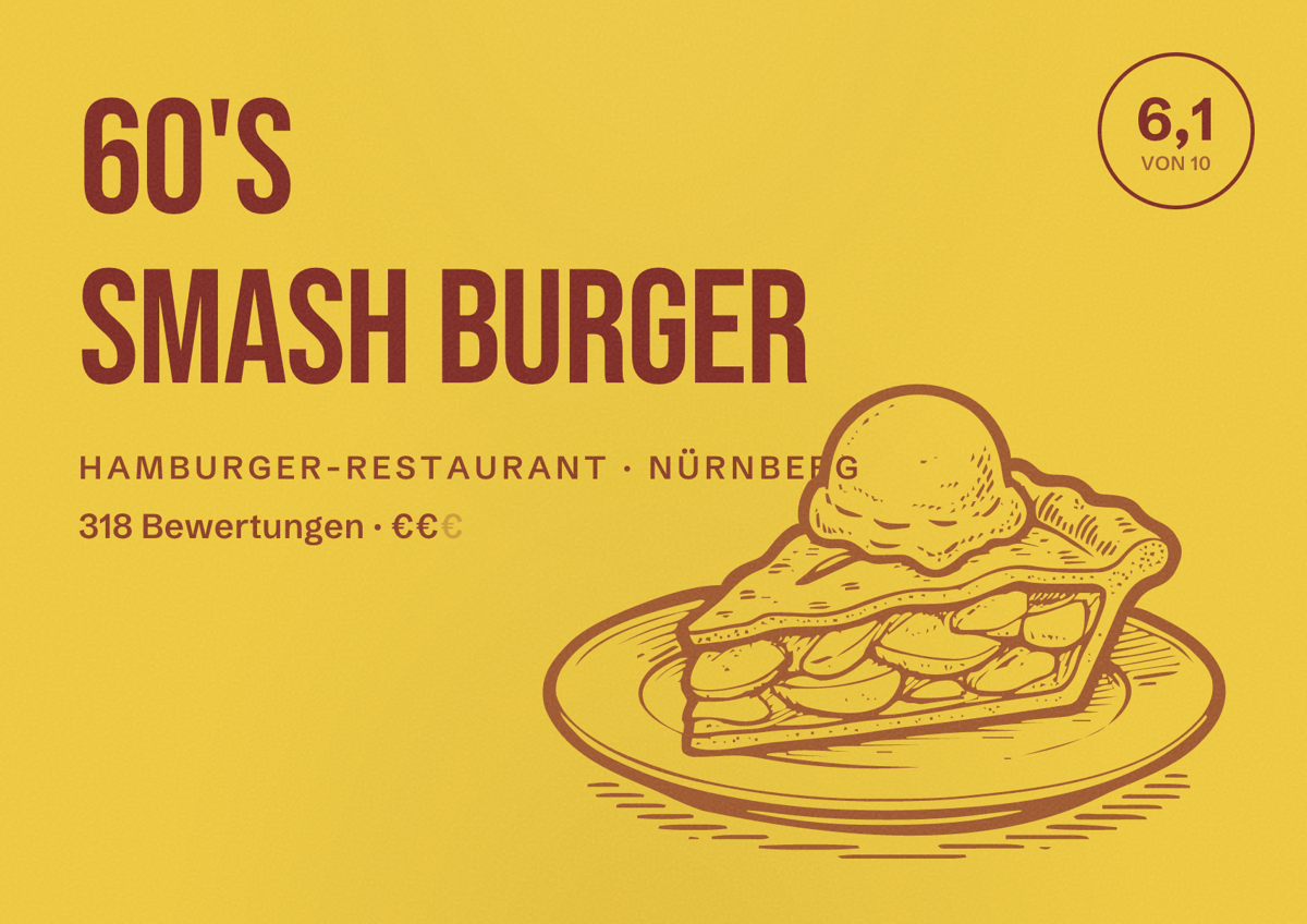 Illustriertes Poster von 60's SMASH BURGER, Hamburger-Restaurant in Nürnberg: Bewertung 6,1 von 10 aus 318 Bewertungen, Preisniveau €€